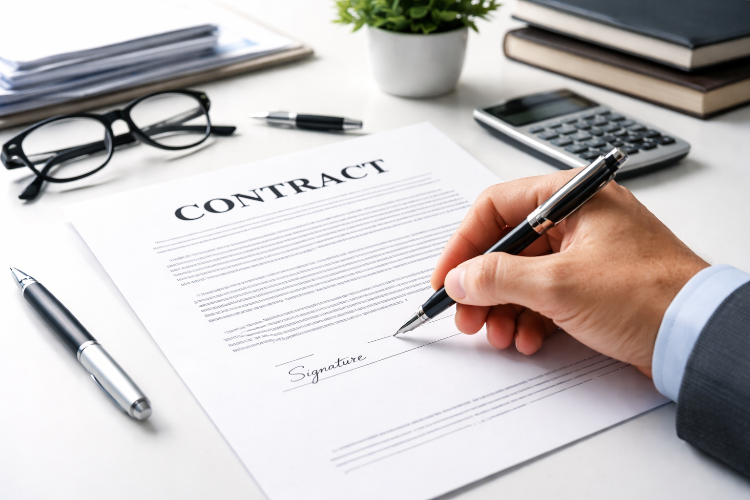 Vertrag unterzeichnen auf einem Schreibtisch